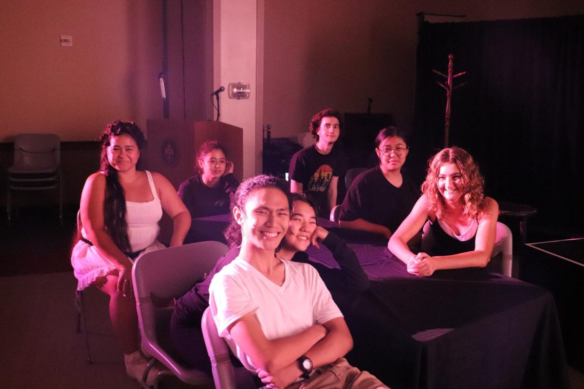 The cast is all smiles during dress rehearsals, as they prep to run through their scenes again. Pictured from left to right: Alex Jacobs, Jasmine Weldon, Jack Arillaga, Alessia Park, Mark Oshita, Kaitlin Balog