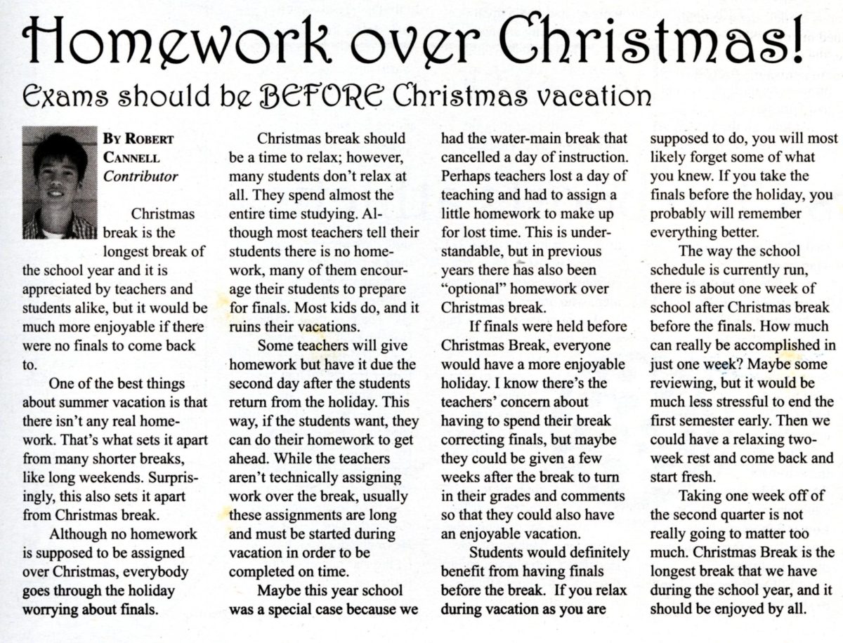 Imua article from 2001, published by Robert Cannell ’05 touching on then students’ opinions of Christmas break and semester finals.