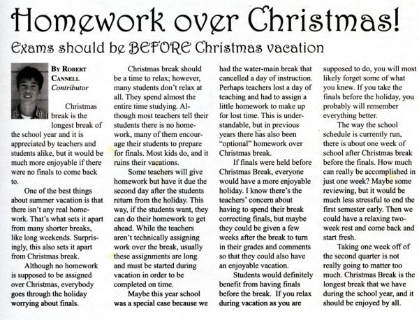 Imua article from 2001, published by Robert Cannell ’05 touching on then students’ opinions of Christmas break and semester finals.