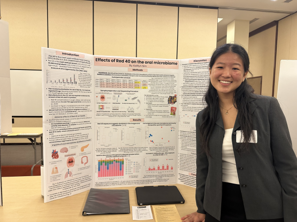 Kaitlyn Sim ’25 is ready to present her project on the implications of Red 40, at the State District Science Fair.