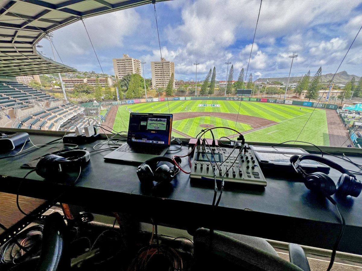 The setup of the broadcast at an away game for the Boys Baseball team at Les Murakami Stadium. 