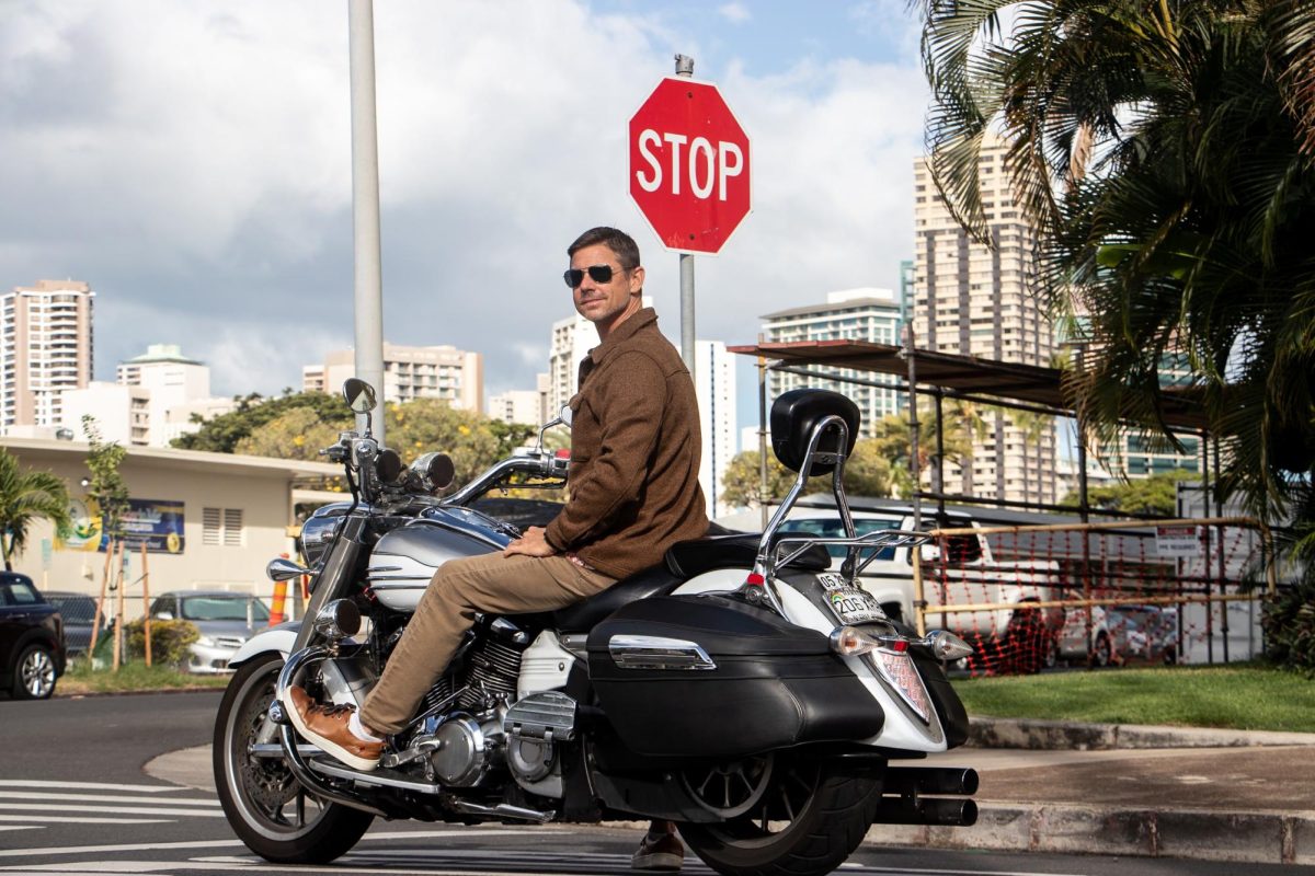 Mr. Ben Douglass AV videographer and current motorcyclist with vehicle. Accidents are rising here on Oahu so we must be more aware of our surroundings and how we drive.
