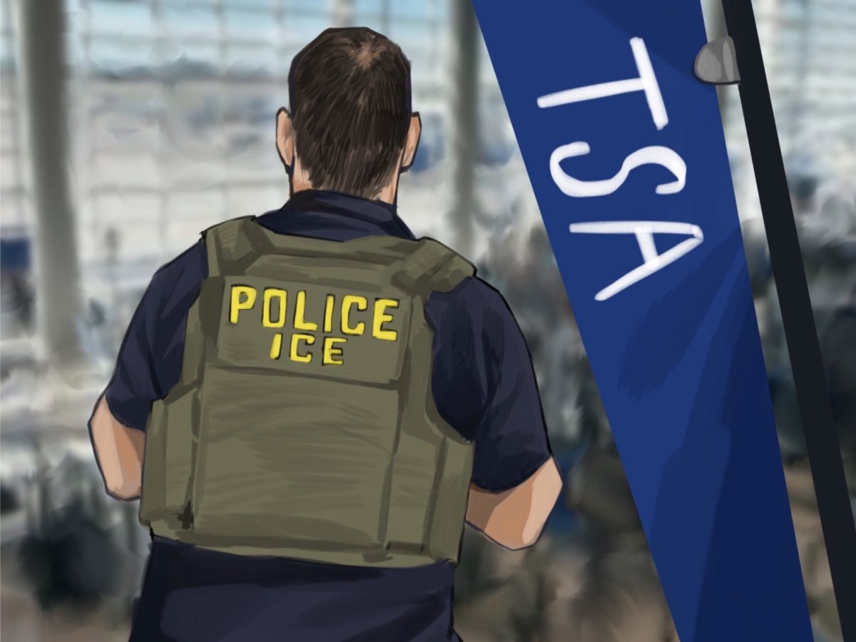 The partial government shutdown resulted in the controversial deployment of ICE to airport security on March 23. Illustration by Yuma R. ‘26 