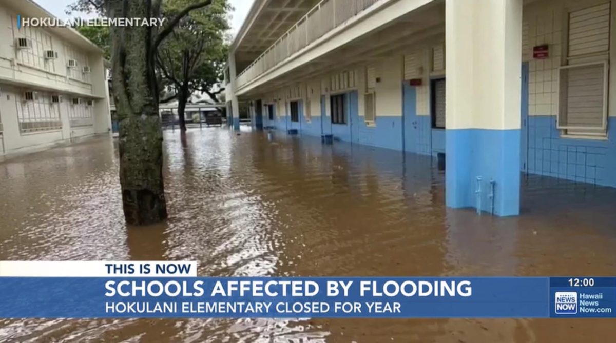 Image of Flooding at Hōkūlani Elementary School from recent floods. KHON2 News.

