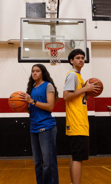 Leiyah S.’29 and Matix D.’29 are inside Upper Gym standing side by side with basketballs in hand, portraying the story of WNBA and NBA players’ doing the same job. Despite this, WNBA and NBA players have a major pay gap with some arguing they should get paid the same or less than NBA players.